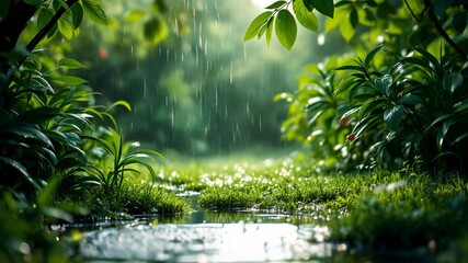 Serene Rain: Gentle Drops on Lush Greenery, Peaceful Nature Video Background, Calming Atmosphere, Relaxing Ambiance, Tranquil Soundscape, Perfect for Meditation, Yoga, Spa Videos, Ambient Video       