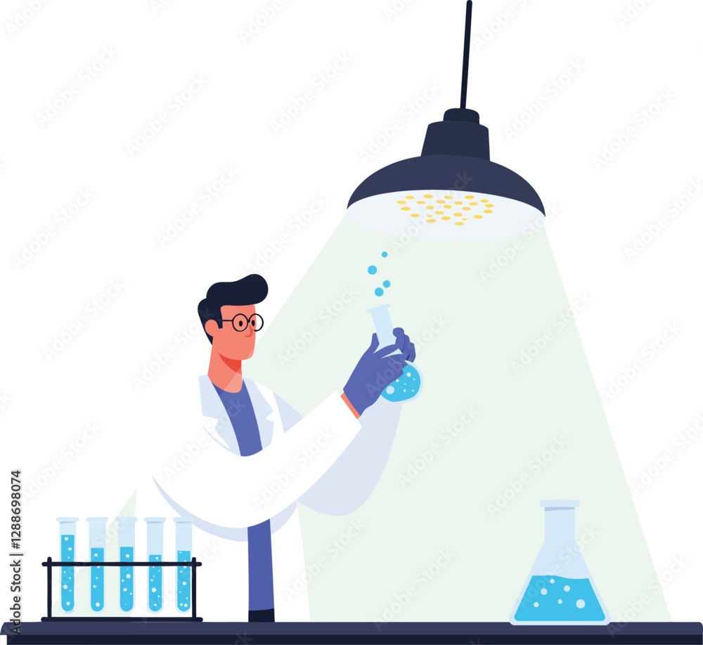 Poster scientist holding a flask in a laboratory with flat vector art style vector illustration