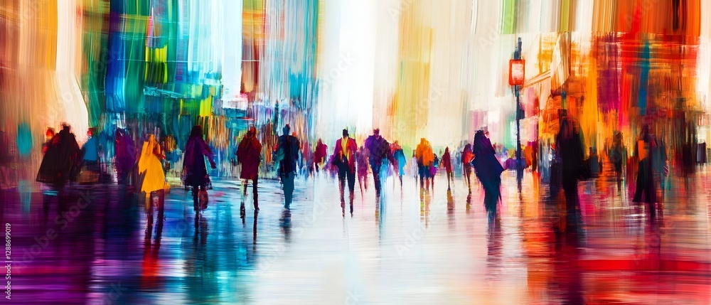 Poster Vibrant colorful blurred city street scene with a crowd of commuters and pedestrians in motion creating a dynamic and fast paced urban landscape  The image conveys the energy movement