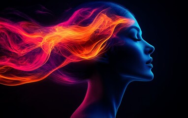 Obraz premium Silhouette of a person s head with a colorful abstract design swirling around, dark background, vivid neon hues, highdefinition contrast, dynamic lighting, ultrarealistic textures