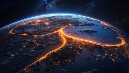 Obraz premium A view of Earth from space at night with illuminated cities connected by bright orange lines representing data connections and network activity.