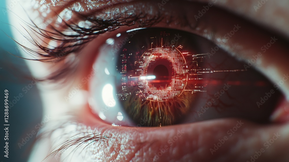 Poster Close up of an eye with futuristic digital display reflecting data analysis, surveillance and technological advancements in vision and ocular health