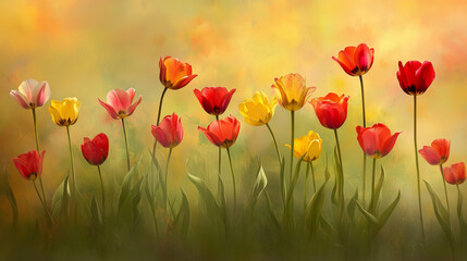 Naklejka premium Colorful tulips blooming in a soft, dreamlike background 