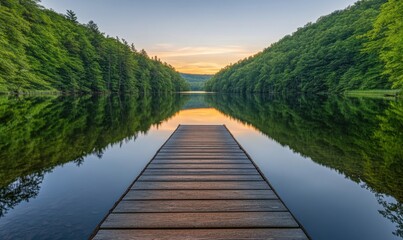 Wooden pier on calm lake at sunset, forest reflection, peaceful nature scene