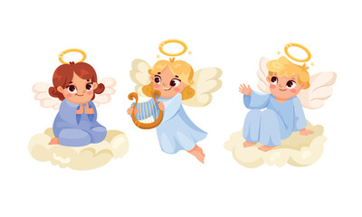 Cute Children Angels with Wings and Nimbus Vector Set