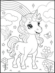Black and White Unicorn Coloring Page for Kids. Cute, Hand-Drawn, Printable Activity Sheet with Cartoon Characters and Simple Doodles