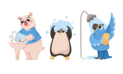 Animal Characters and Hygiene Rules Washing and Grooming Vector Set