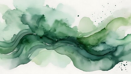 Watercolor Abstract Painting with Green Shades and Fluid Ink Texture