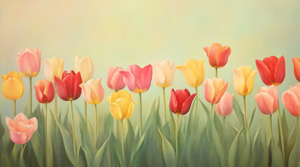 Colorful tulips blooming in a serene garden background  