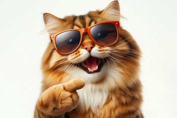 Portrait of a funny cat with a big smile and sun glasses points with paw at copy space isolated