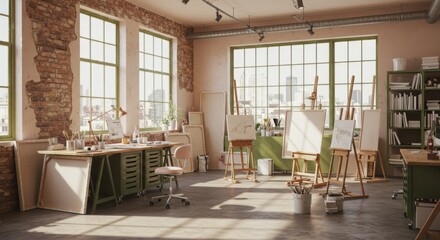 Blush Pink Olive Green Art Studio design Industrial Modern decor