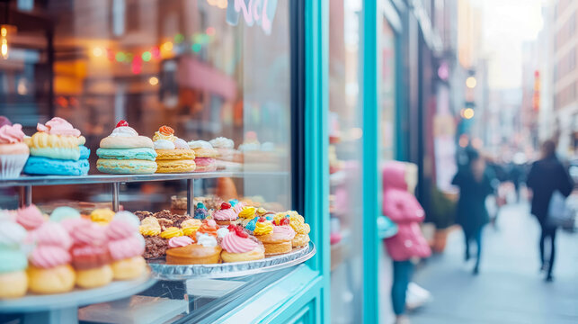 Bakery Storefront Display of Colorful Confections in a Teal Store Window