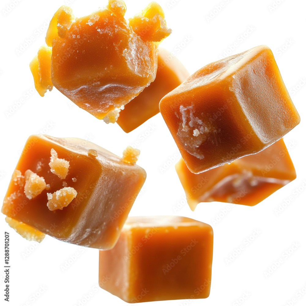 Poster close up image of a pile of smooth caramel pieces on a white background isolated on transparent back