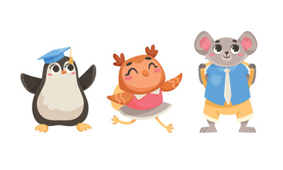 Animals Students at School Studying Having Lesson Vector Set