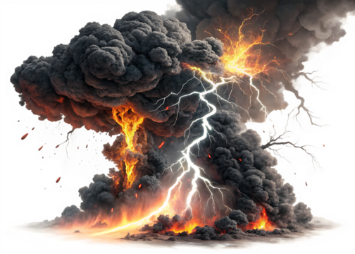 Dark Thunderstorm Cloud with Lightning Strikes Isolated on White Background as Transparent. PNG. AI GENERATED
