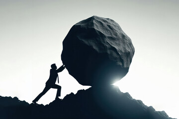 Silhouette of businessman pushing huge stone boulder up on hill