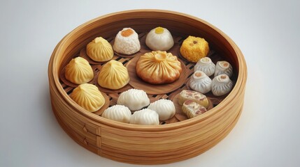 Assorted Steamed Dumplings in a Bamboo Steamer Tray with Variety