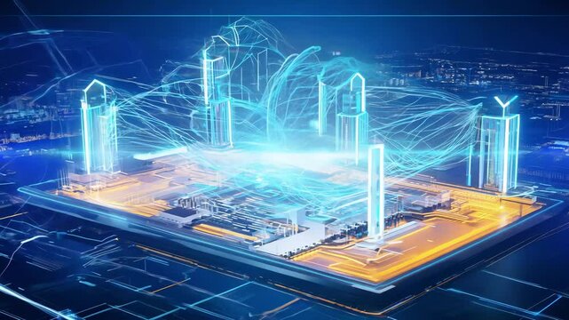 A digital cityscape with glowing neon skyscrapers and data streams, showcasing a futuristic technology and urban network.
