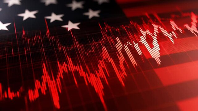 red stock market downtrend with the American flag as the background