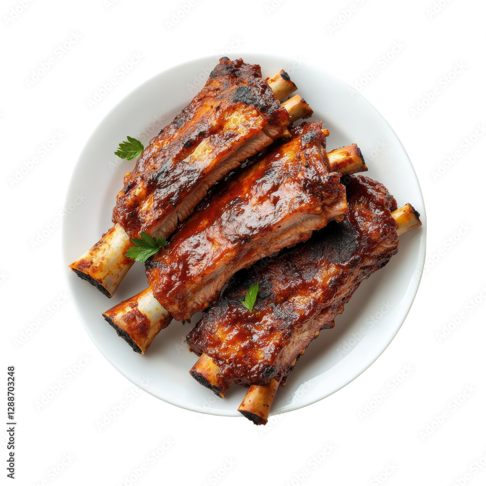 Poster plate of barbecue ribs served with sauce and parsley on a wooden table with a rustic background isol
