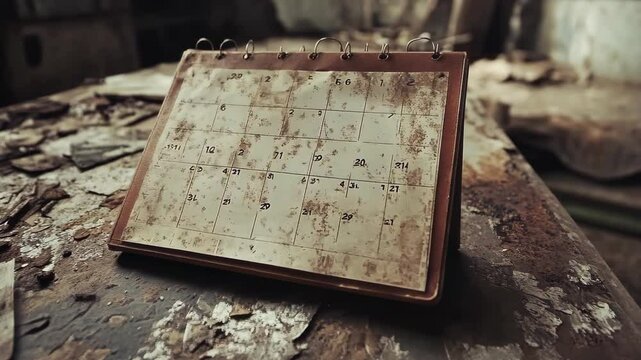 Weathered calendar resting on a dusty table in an abandoned building revealing the passage of time in a forgotten place