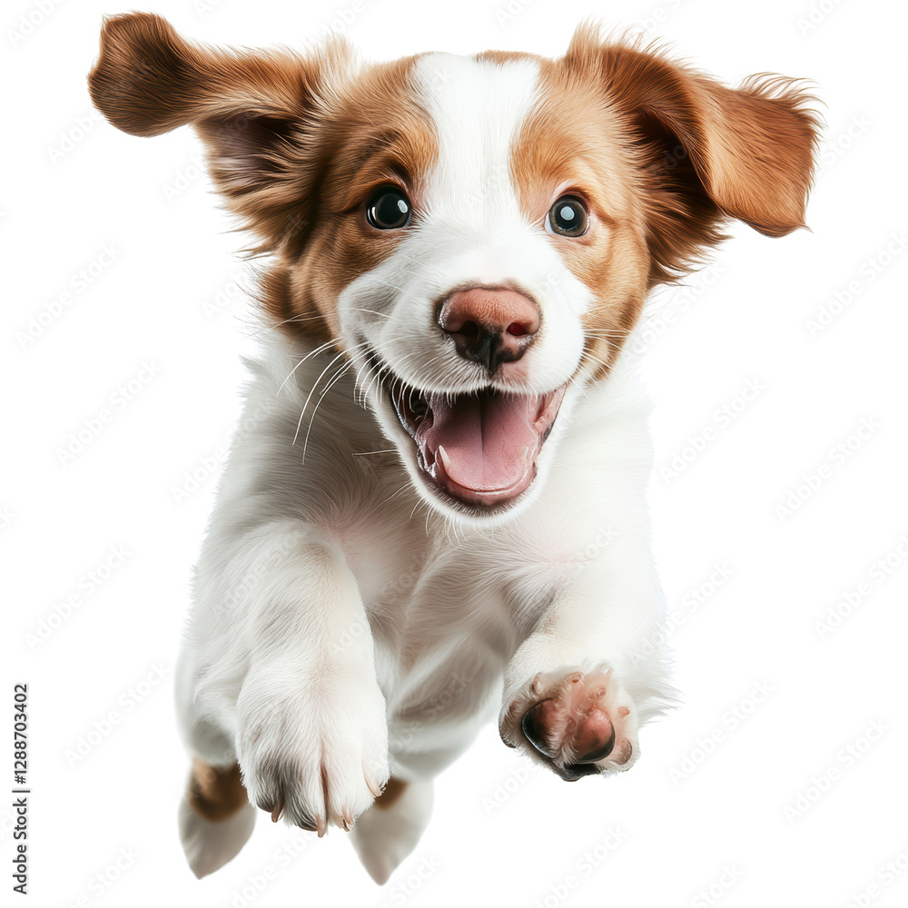 Poster puppy jumping excitedly in a grassy field during a sunny day with a playful expression on its face i