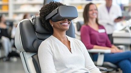 Enthusiastic woman experiencing virtual reality technology in a modern healthcare setting with relaxation and innovation