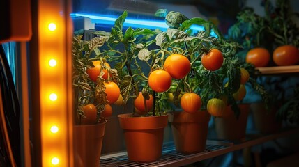 Growing organic tomatoes in a controlled indoor environment under vibrant LED lighting for sustainable gardening practices