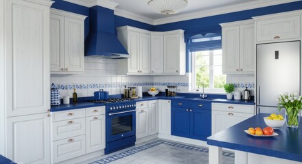 Cobalt Blue Bright White Kitchen design Traditional Art Deco decor