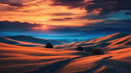 A vibrant, digitally-created landscape of gently rolling hills is illuminated by countless small orange lights