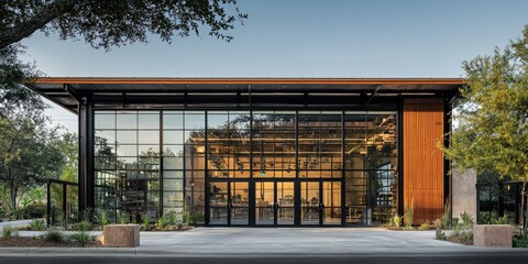A modern industrial building exterior with large glass windows and metal walls