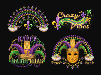 Carnival Mardi Gras labels with masquerade mask, beaded rainbow, king cake, beads, jester hat, glossy text. Vintage illustrations on black background. For prints, clothing, t shirt, holiday design