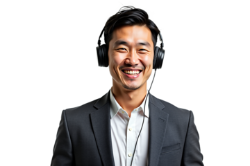 Confident Asian businessman listening to music with headphones. Professional man in suit isolated on transparent background. Use for corporate website, online meeting, presentation, profile.