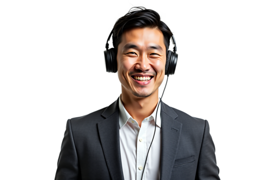 Confident Asian businessman listening to music with headphones. Professional man in suit isolated on transparent background. Use for corporate website, online meeting, presentation, profile.