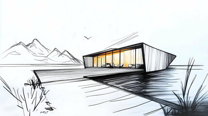 Architectural sketch of a modern house by the lake. Hand drawn minimalistic sketches.