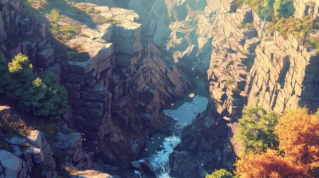 Serene Canyon View with Waterfall and Autumn Foliage Amidst Jagged Rocky Landscape and Lush Greenery
