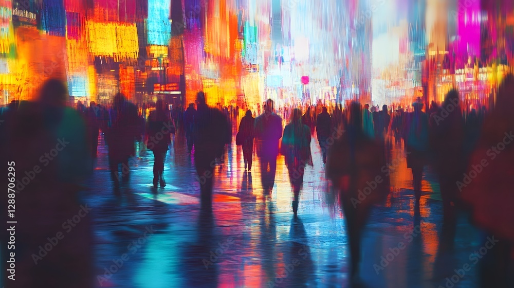 Poster Vibrant nighttime city lights and blurred motion of a crowded urban scene capturing the energy and dynamic atmosphere of a bustling metropolitan environment  Neon glow colorful reflections
