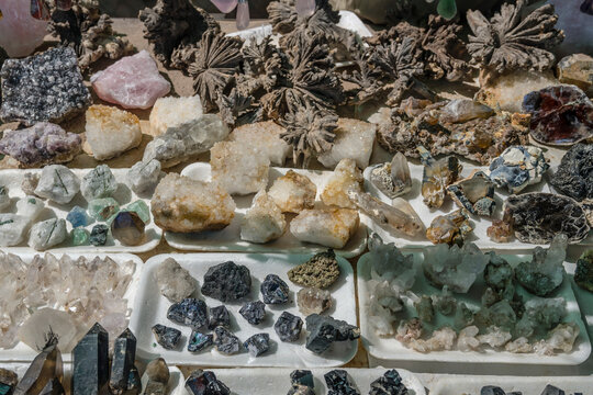 showcase of semiprecious stones at craft shop in desert, near Ulba Oas, Namibia