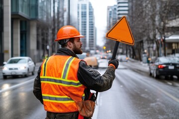 Obraz premium Road Worker in Bright Orange Safety Gear Directing Traffic on City Street with Sign, Copy Space for Text