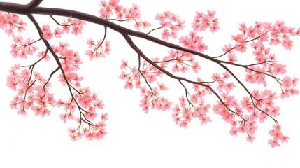 Natural Elegance of Cherry Blossom Branch with Delicate Pink Flowers Against White Background