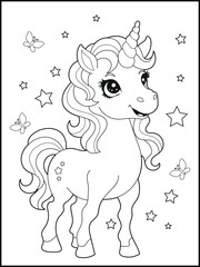 Black and White Unicorn Coloring Page for Kids. Cute, Hand-Drawn, Printable Activity Sheet with Cartoon Characters and Simple Doodles