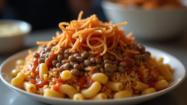 Close-Up of Authentic Egyptian Koshari with Lentils and Pasta