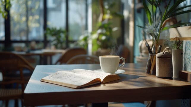 Hair restoration journey highlighted in a personal journal at a cozy caf茅. Featuring reflection and growth