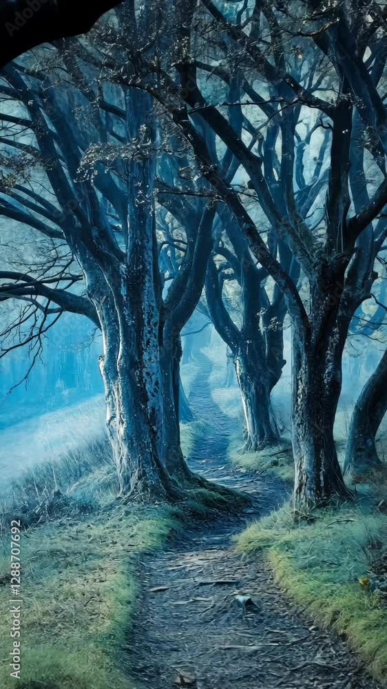 Aufkleber mysterious forest path lined with ancient trees in soft twilight ambiance
