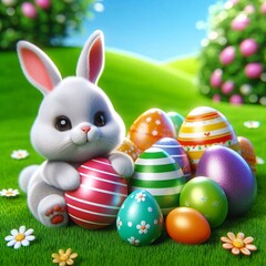 Grass field with Easter bunny and eggs