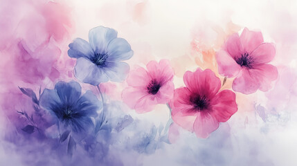 Fototapeta premium Soft Pink and Blue Flowers in Watercolor Style 