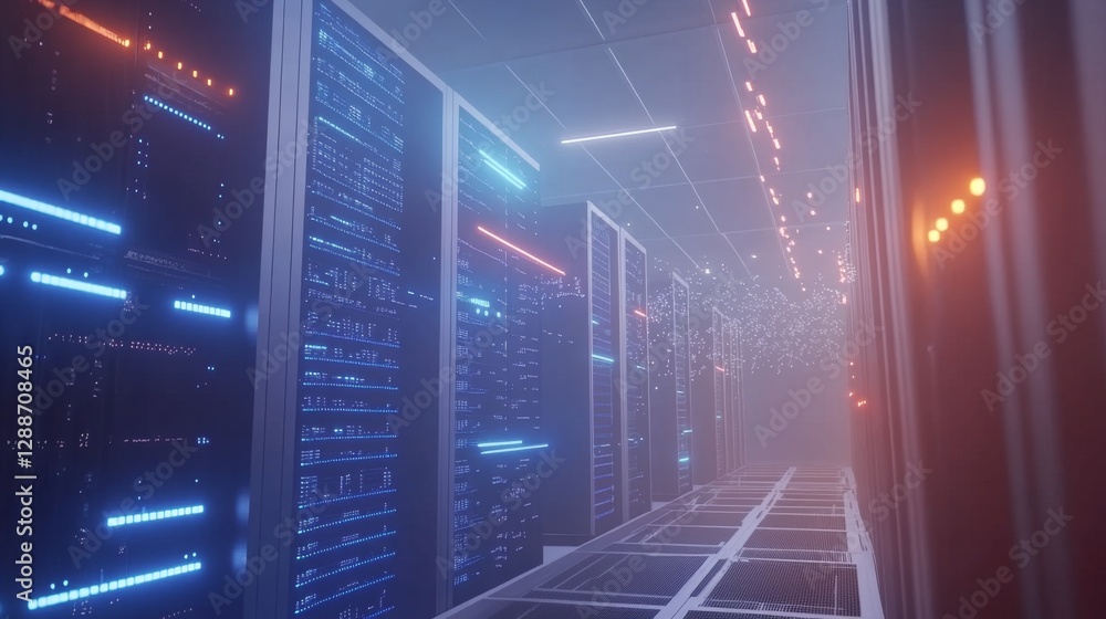 Poster visualizing cloud computing in a rendered server room technology environment digital art perspective