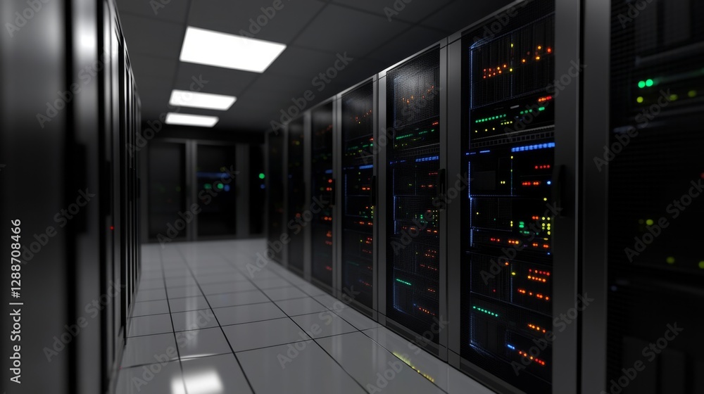 Poster visualizing cloud computing integration in a modern server room digital environment 360-degree persp
