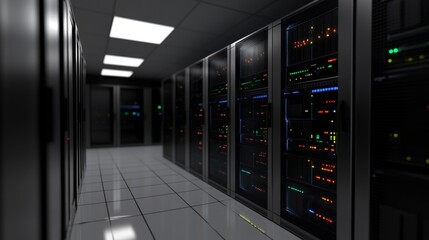 Visualizing cloud computing integration in a modern server room digital environment 360-degree perspective technology
