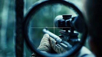 Person Aiming Sniper Rifle Through Scope in Forest Setting